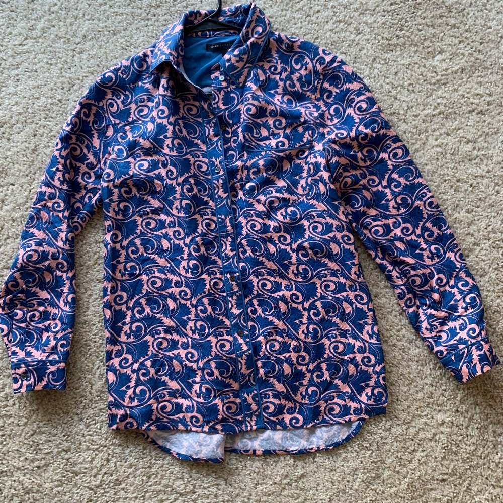 NWT Marc by Marc Jacobs Women 100% Silk Blouse Sz 2 Apricot Rose Blue Me…